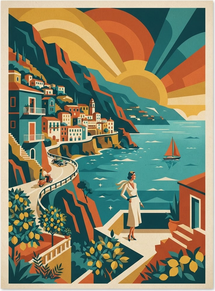 Vintage reisposter van Amalfi, Costiera Amalfitana
