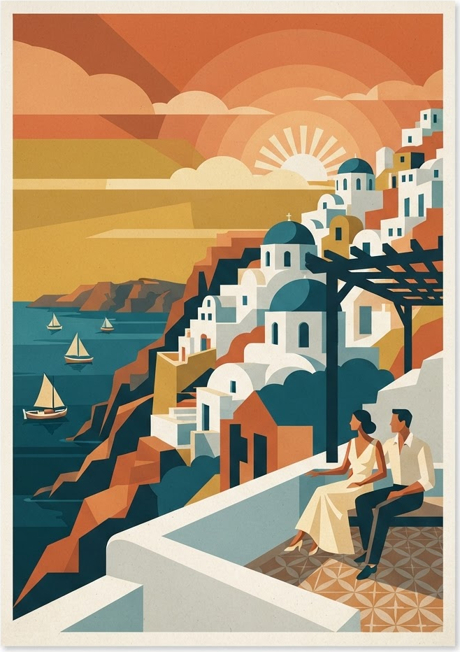 Vintage reisposter van Santorini, Cycladen